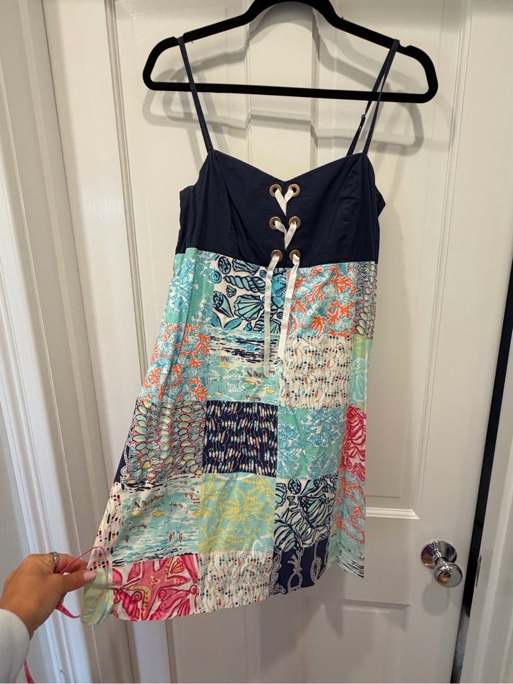 Lilly Pulitzer Navy and Aqua Patchwork Sundress with Lace-Up Bodice